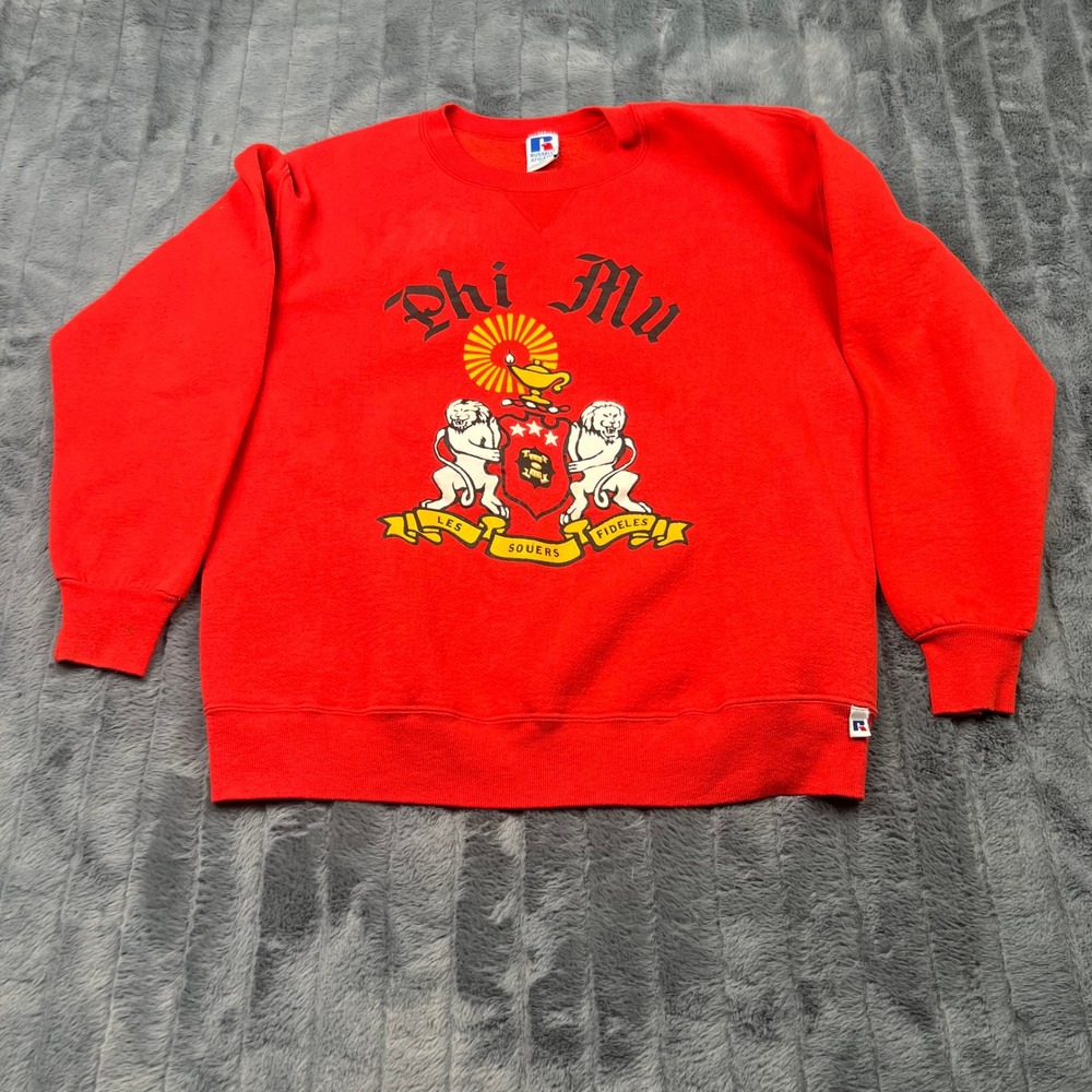 Vintage Russell Athletic Phi Mu Sorority Sweatshirt Red XL Made in USA Crest